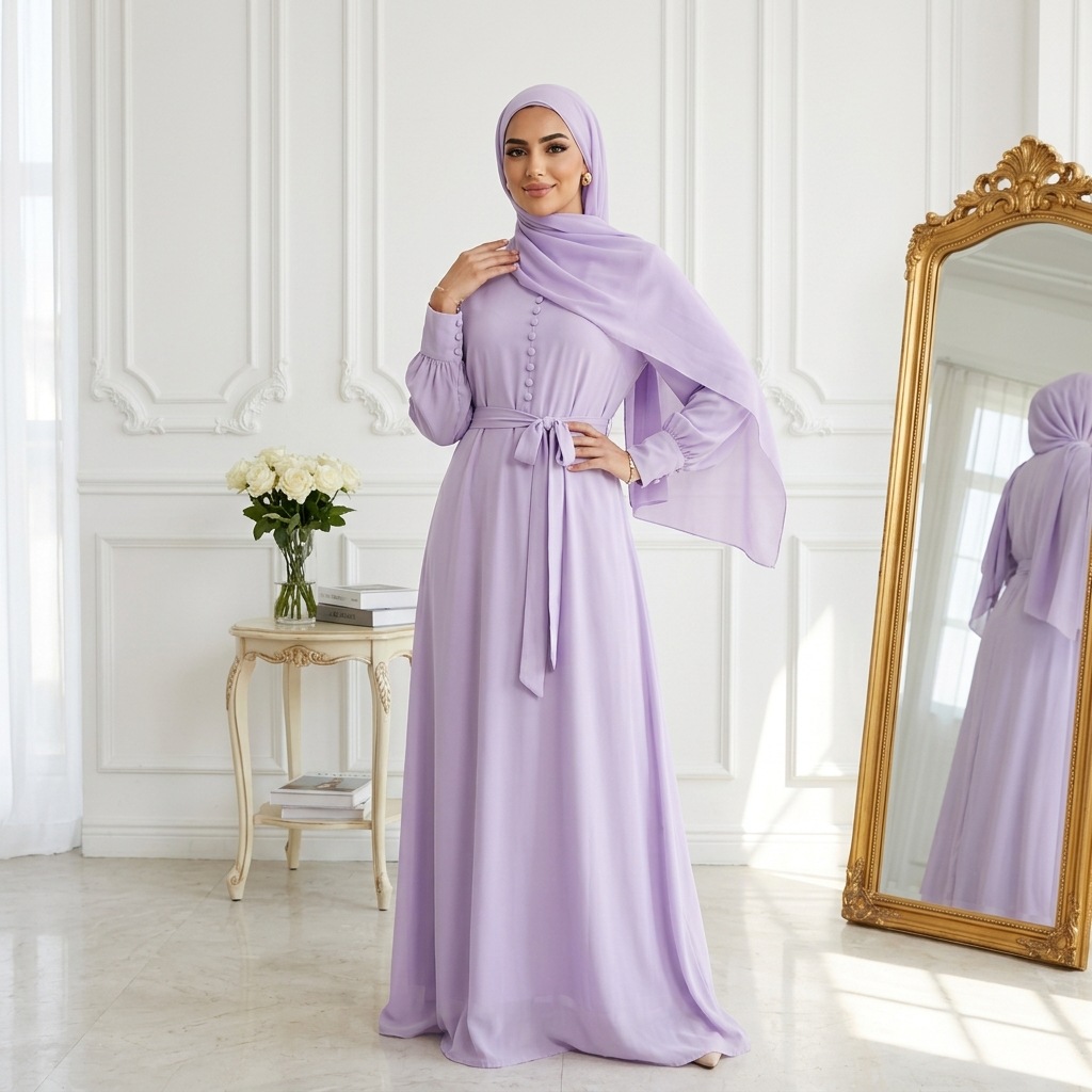 Elegant Women Maxi Dress With Hijabs Chiffon Abaya With Belt Islamic  Clothing | eBay