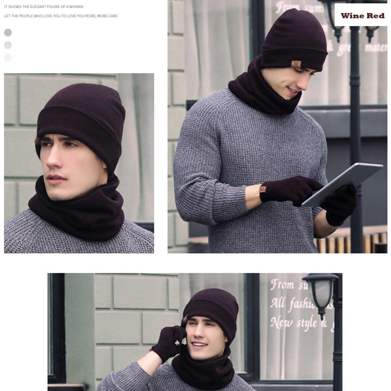Winter Knitted Beanie Hat Cap Neck Warmer Scarf & Touchscreen Gloves Set Fleece - Picture 19 of 19