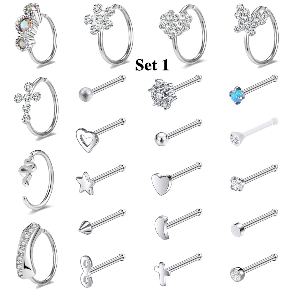23Pcs/Set 20G Nose Ring Hoop Stainless Steel CZ Opal Nostril Piercing Jewelry - Picture 21 of 53