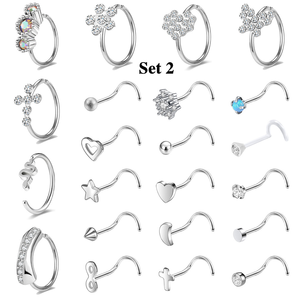 23Pcs/Set 20G Nose Ring Hoop Stainless Steel CZ Opal Nostril Piercing Jewelry - Picture 43 of 53