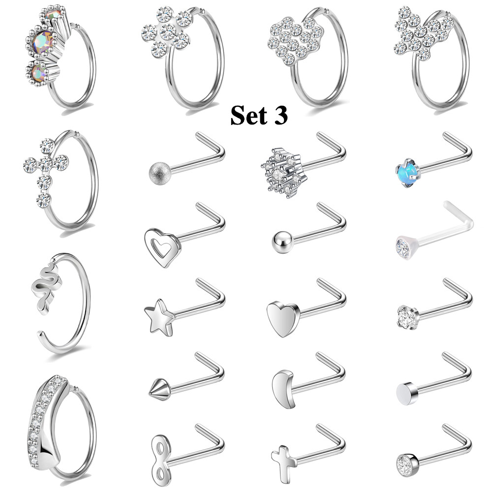 23Pcs/Set 20G Nose Ring Hoop Stainless Steel CZ Opal Nostril Piercing Jewelry - Picture 32 of 53