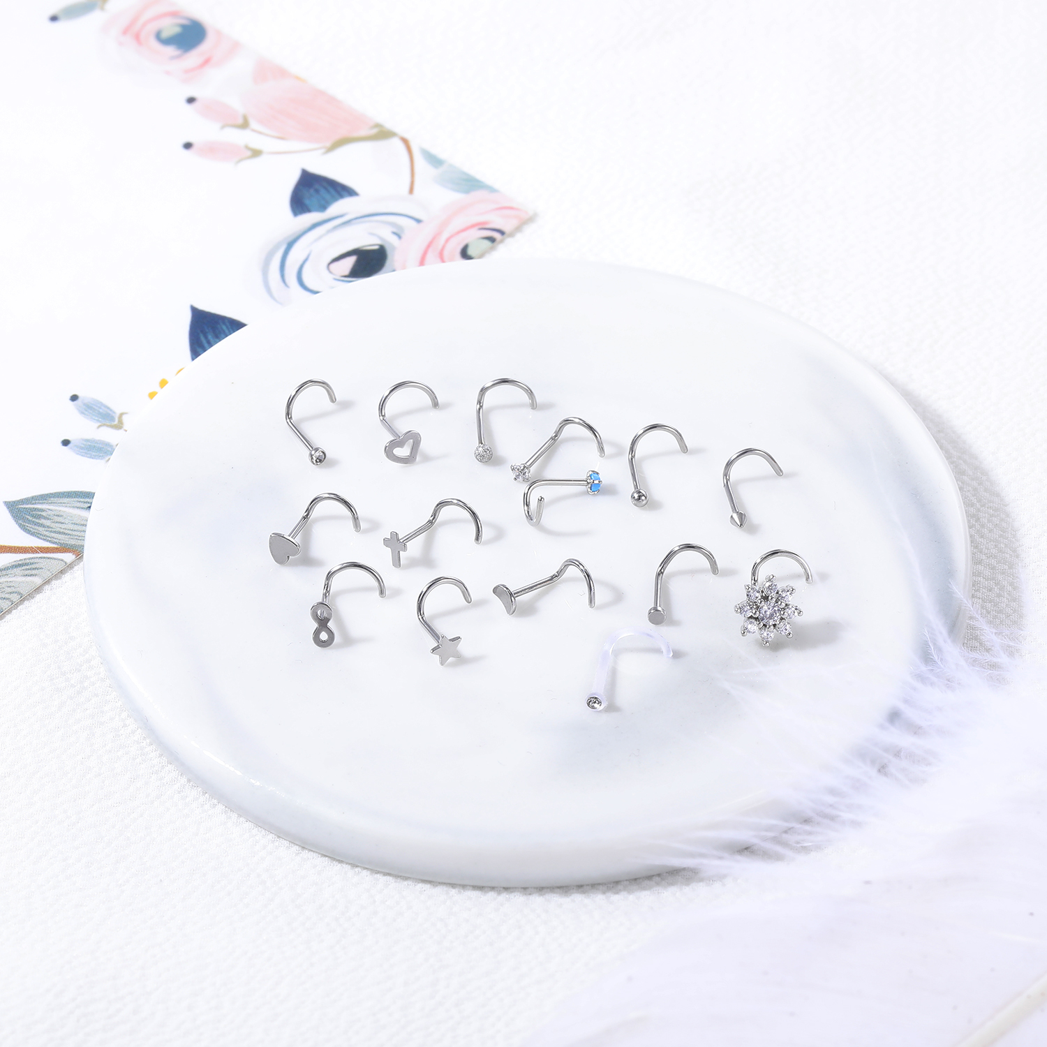 23Pcs/Set 20G Nose Ring Hoop Stainless Steel CZ Opal Nostril Piercing Jewelry - Picture 45 of 53