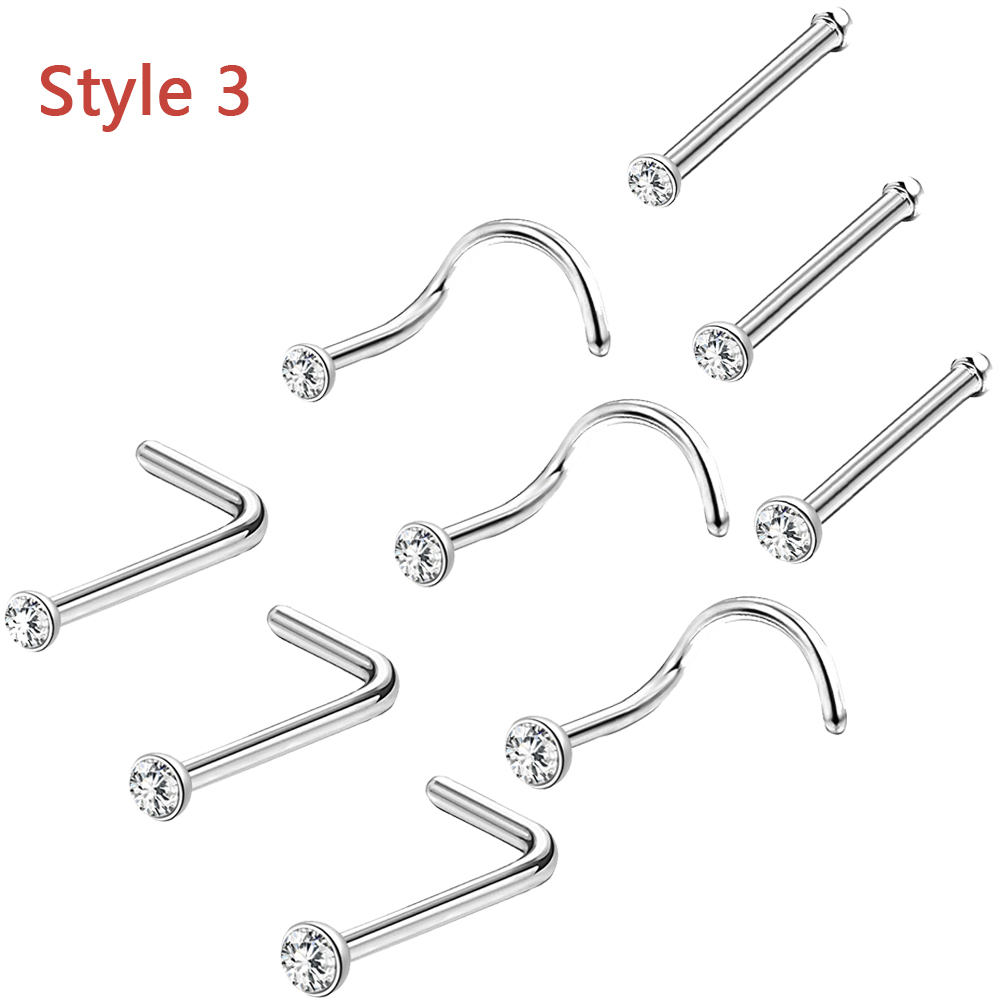 4/9Pcs Stainless Steel Nose Stud Set L/S-Shape Crystal Nostril Piercing Jewelry