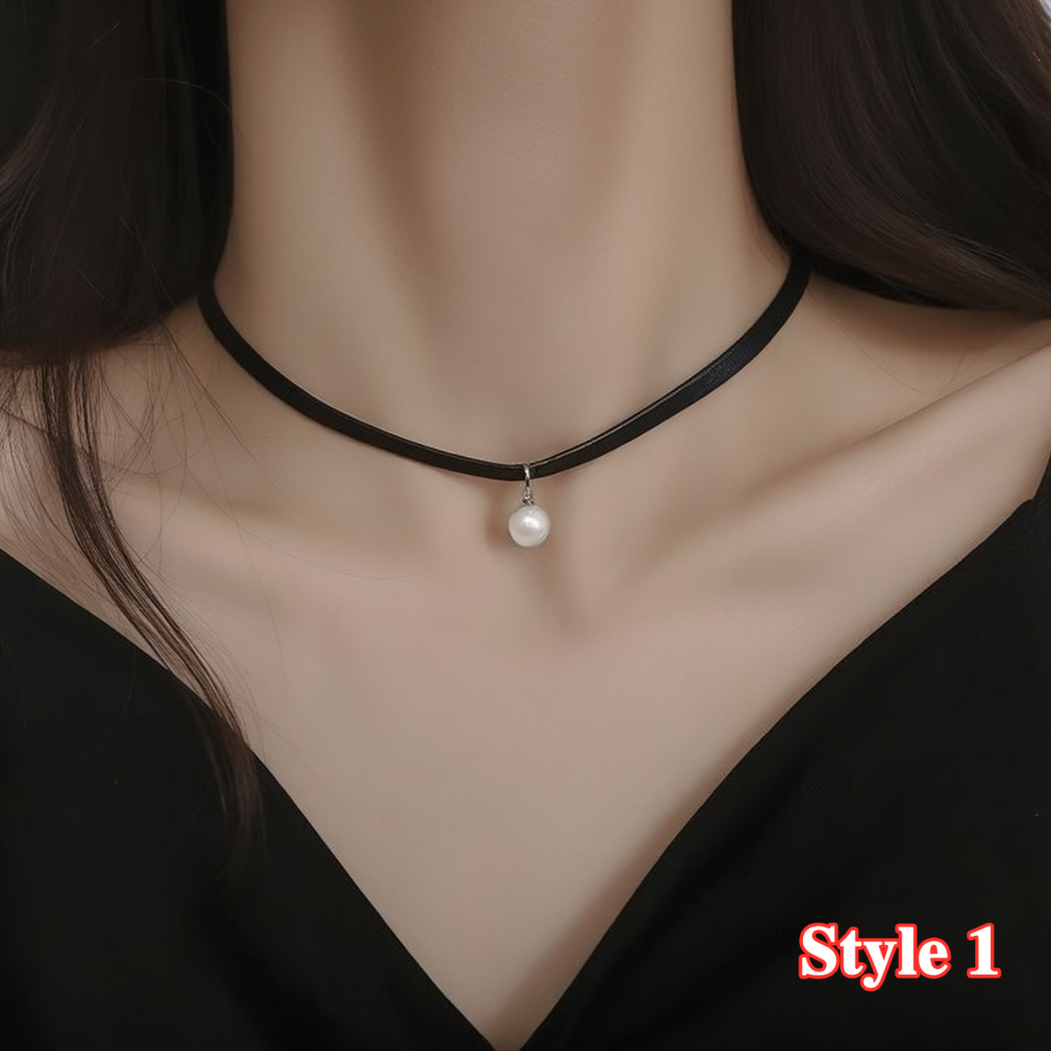 Adjustable Black Choker Necklace Leather Pearl Velvet Choker Gothic Collar Chain