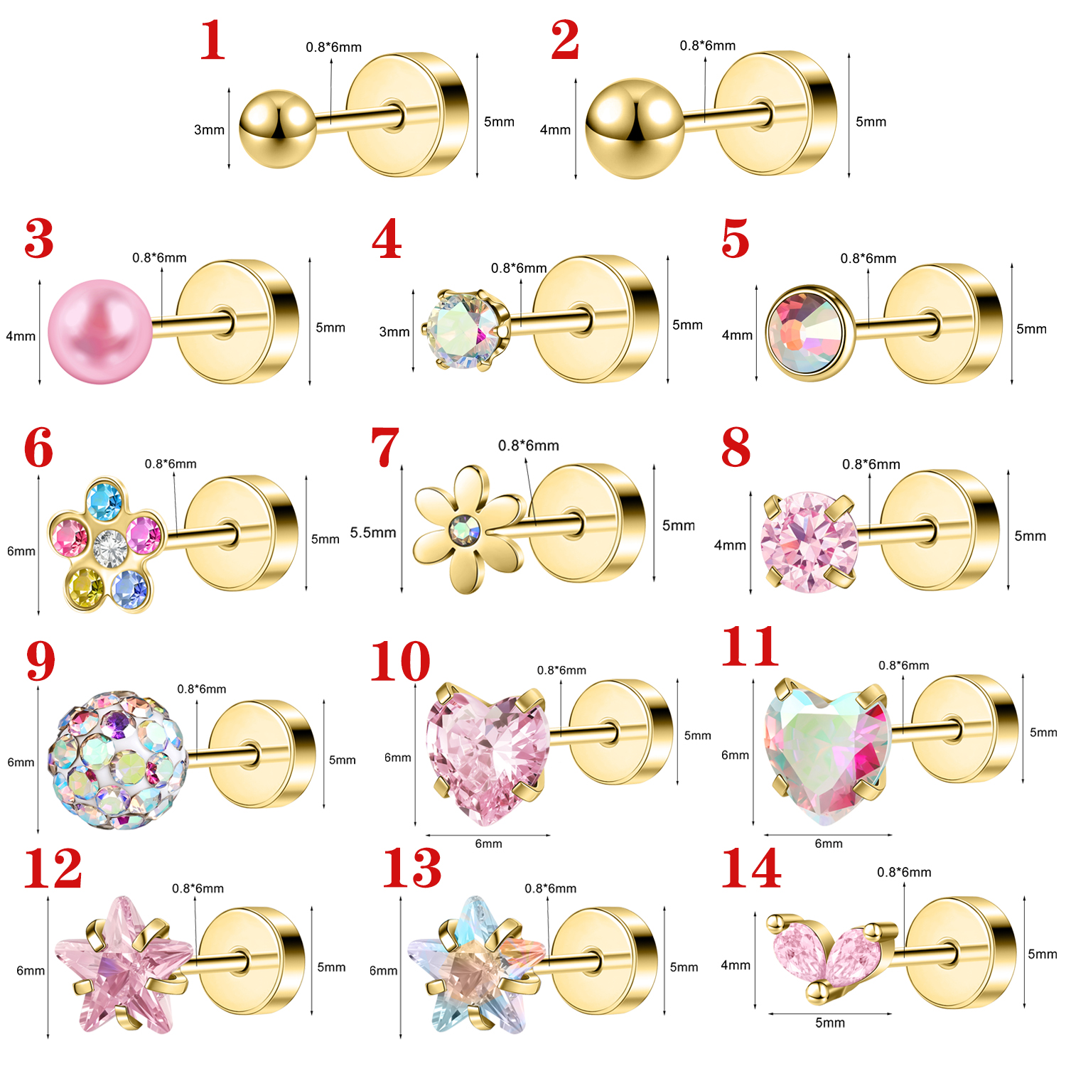 1 Pair 20G Surgical Steel Stud Earrings CZ Cartilage Piercing for Women Jewelry - Picture 26 of 26