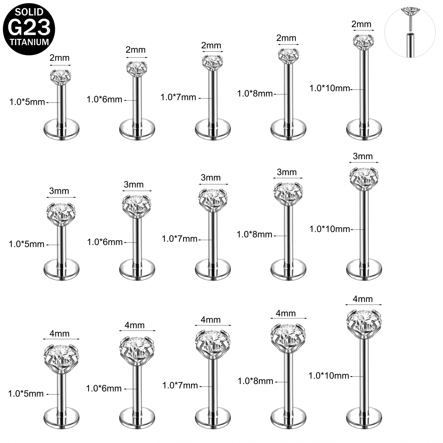 16G/18G/20G Titanium Lip Studs CZ Cartilage Earring Push in Labret Lip Piercing - Picture 18 of 31