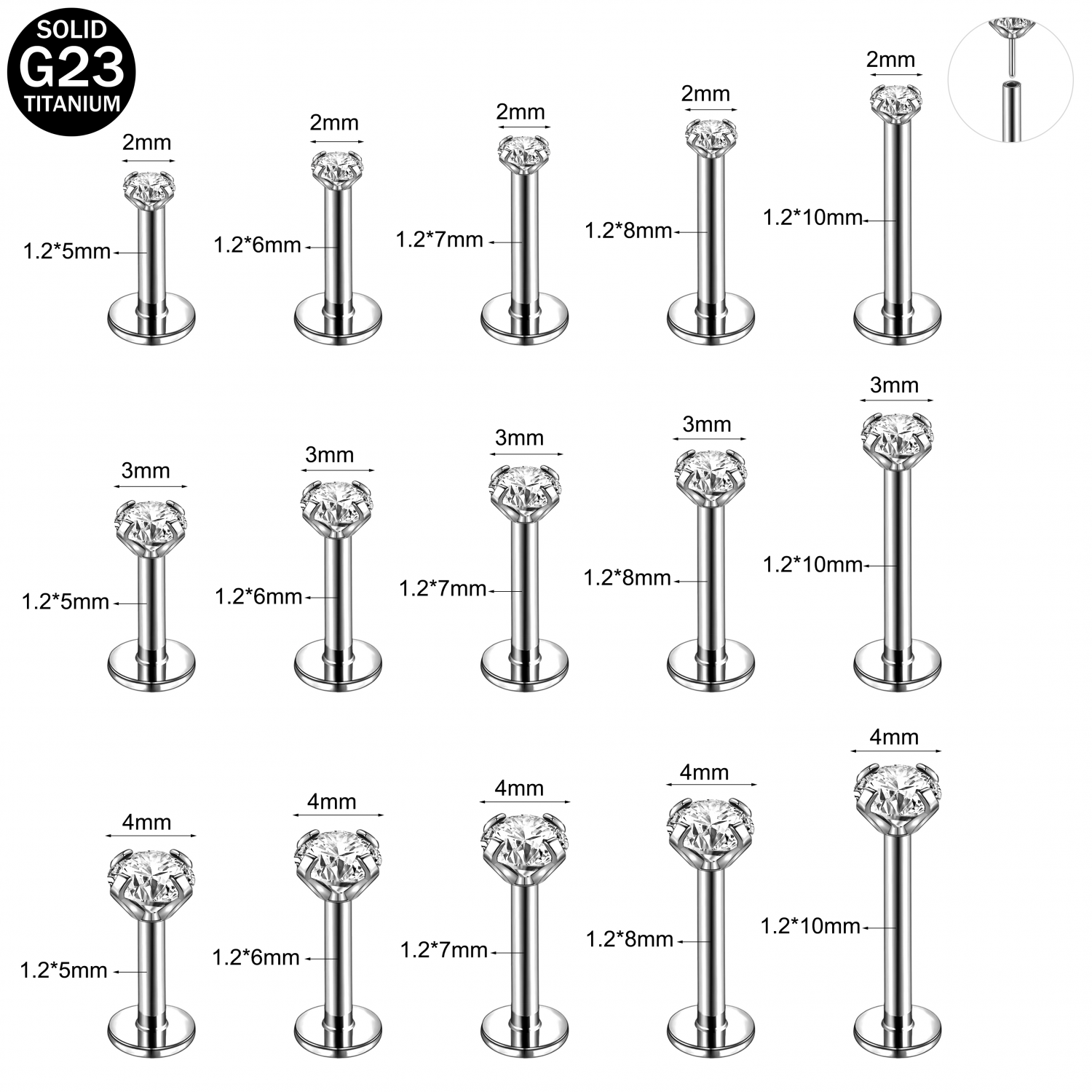 16G/18G/20G Titanium Lip Studs CZ Cartilage Earring Push in Labret Lip Piercing - Picture 19 of 31