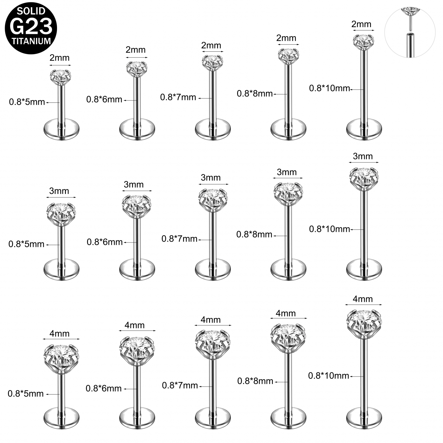 16G/18G/20G Titanium Lip Studs CZ Cartilage Earring Push in Labret Lip Piercing - Picture 17 of 31