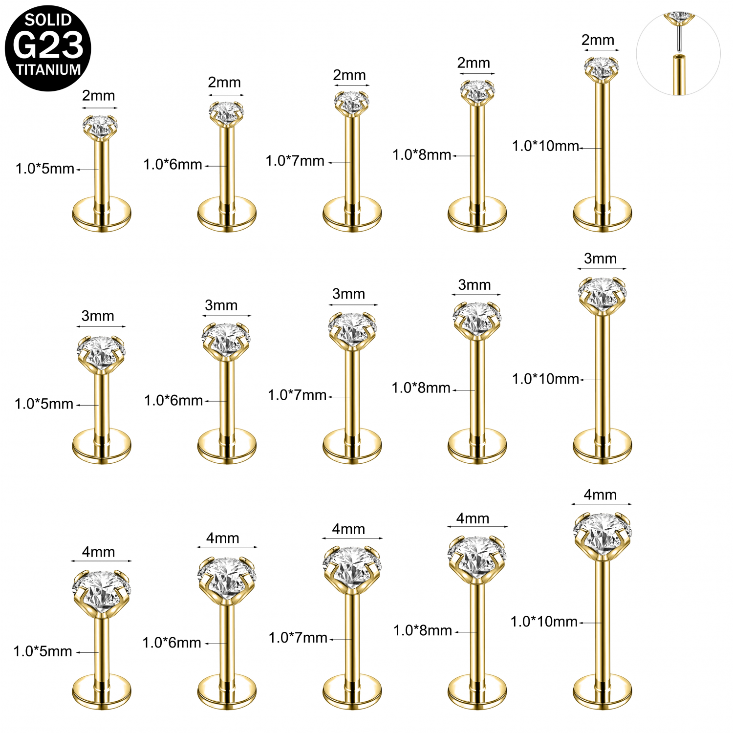 16G/18G/20G Titanium Lip Studs CZ Cartilage Earring Push in Labret Lip Piercing - Picture 25 of 31