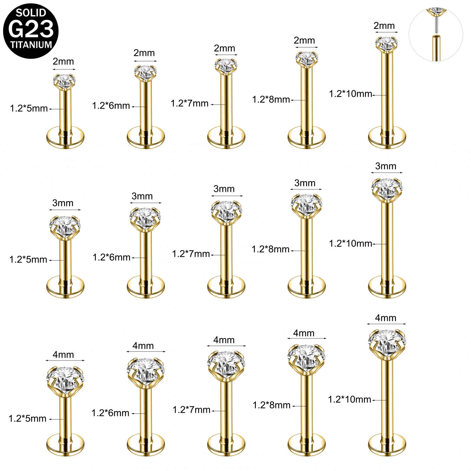 16G/18G/20G Titanium Lip Studs CZ Cartilage Earring Push in Labret Lip Piercing - Picture 26 of 31