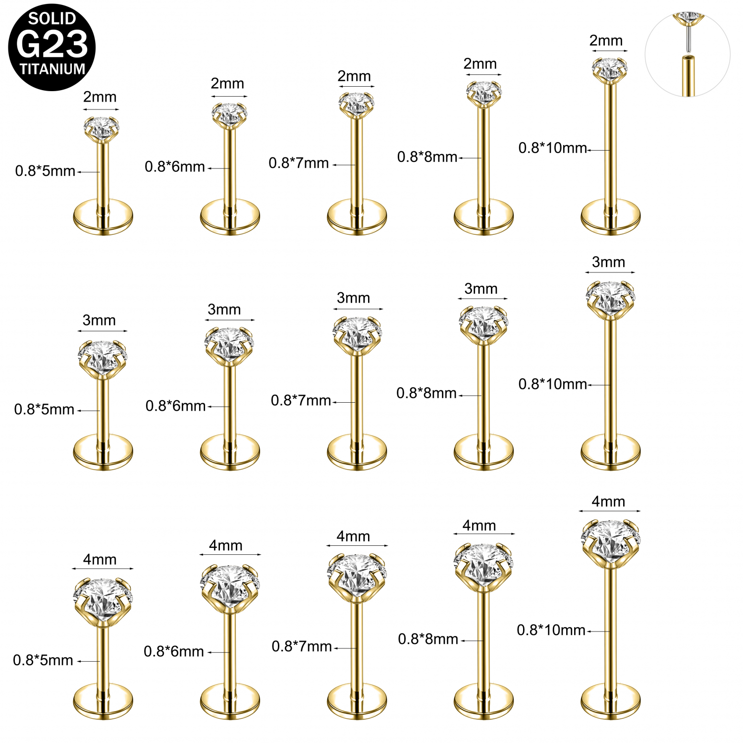 16G/18G/20G Titanium Lip Studs CZ Cartilage Earring Push in Labret Lip Piercing - Picture 24 of 31