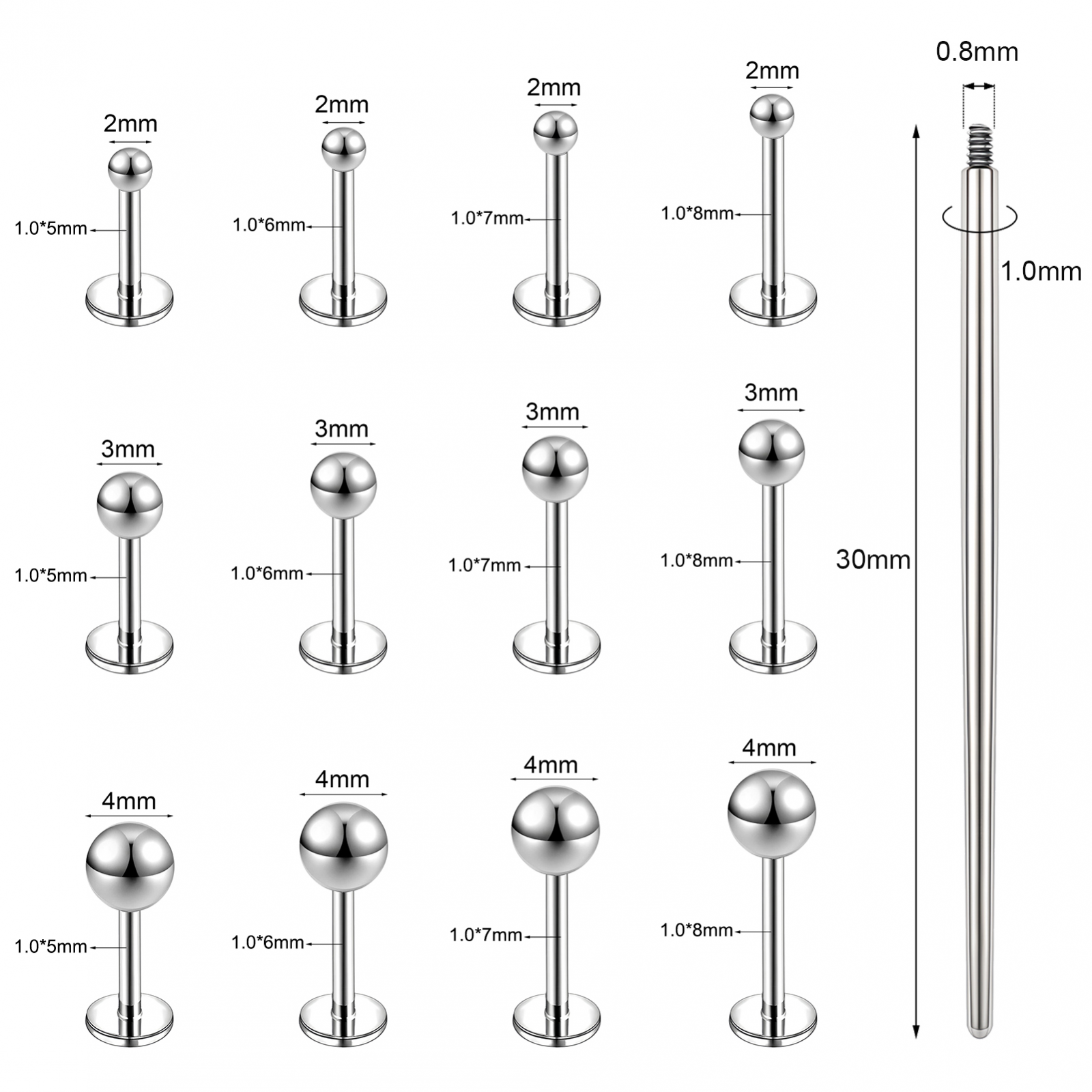 13Pcs Stainless Steel Lip Stud Set Flat Back Stud Earring Labret Monroe Piercing - Picture 18 of 31