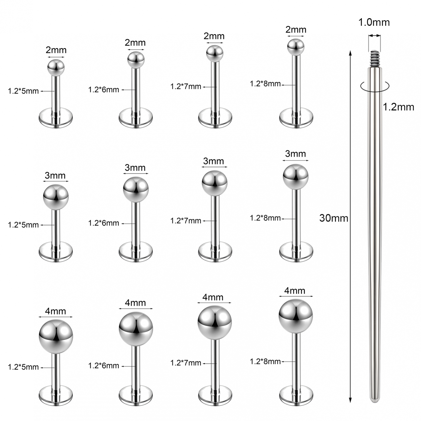 13Pcs Stainless Steel Lip Stud Set Flat Back Stud Earring Labret Monroe Piercing - Picture 17 of 31