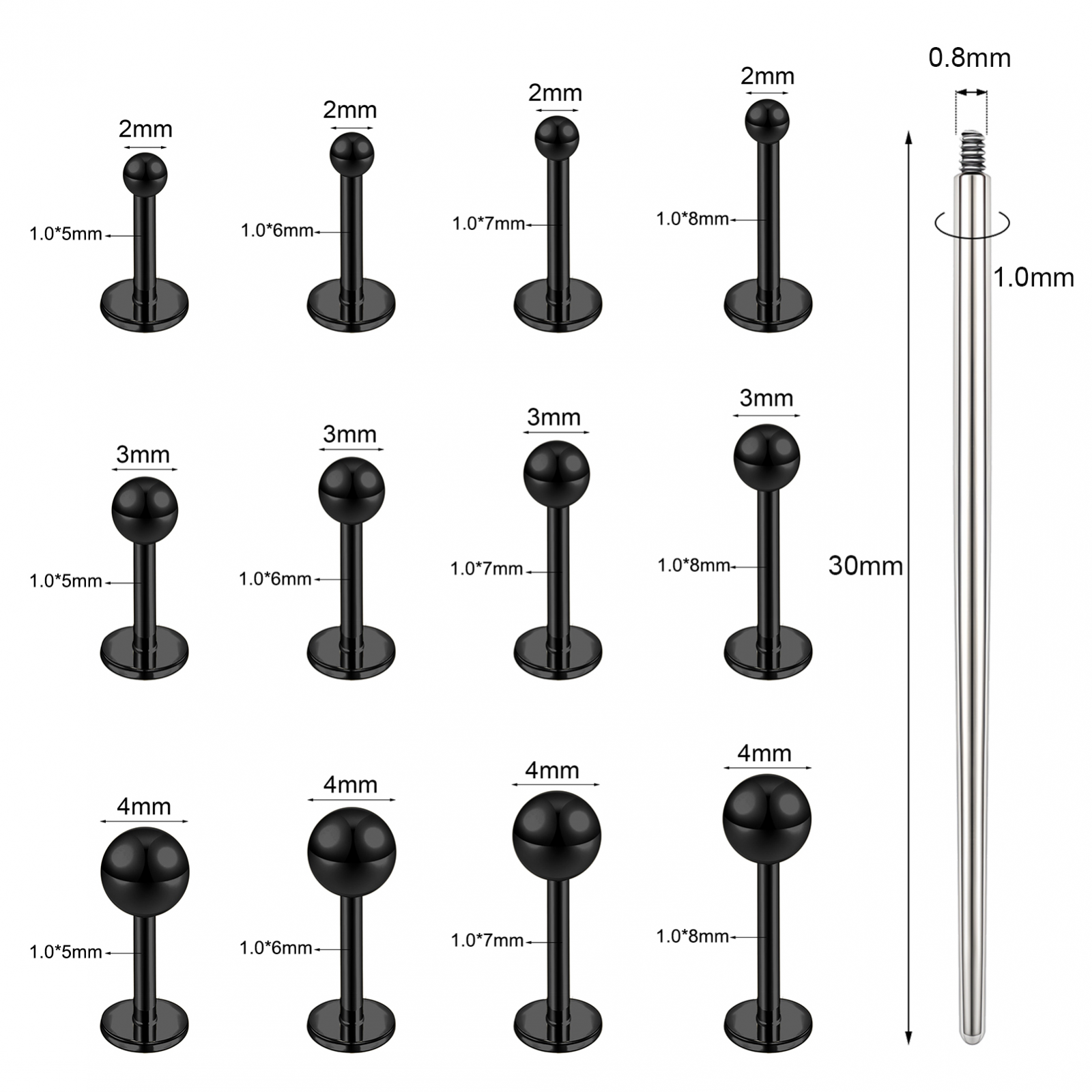 13Pcs Stainless Steel Lip Stud Set Flat Back Stud Earring Labret Monroe Piercing - Picture 23 of 31