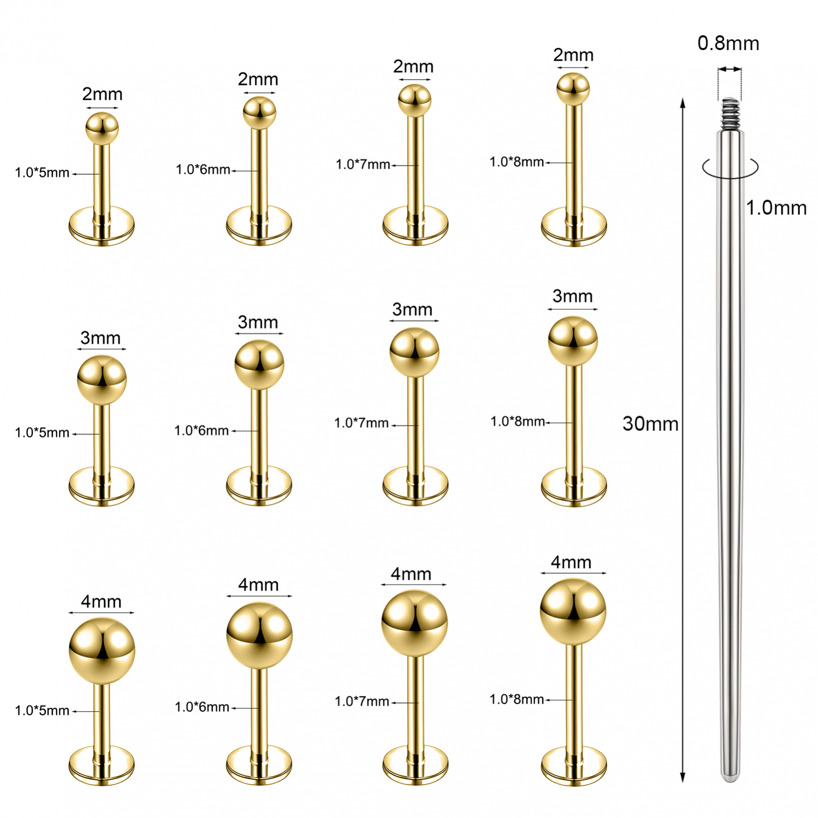13Pcs Stainless Steel Lip Stud Set Flat Back Stud Earring Labret Monroe Piercing - Picture 28 of 31