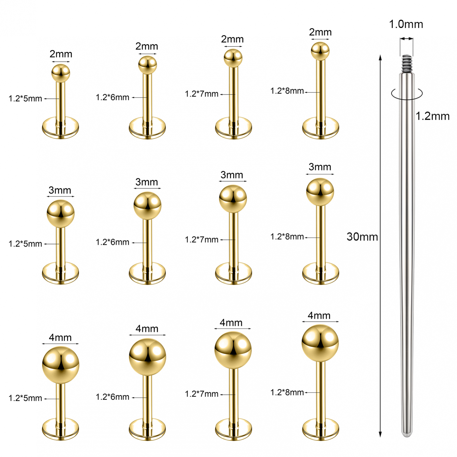 13Pcs Stainless Steel Lip Stud Set Flat Back Stud Earring Labret Monroe Piercing - Picture 27 of 31