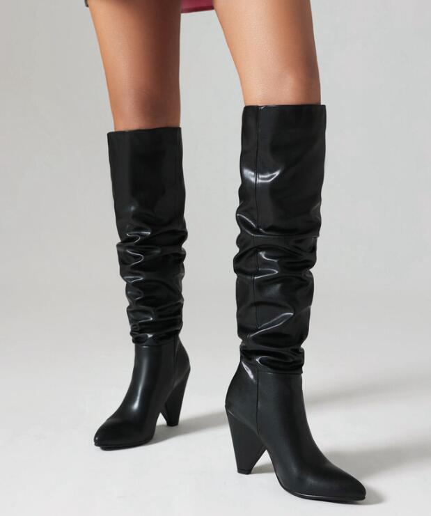 Mujeres Botas Altas a la Rodilla Cuero Pu Tacón Cono Zapatos de Bomba Tubo Largo Botas de Caballero - Imagen 12 de 13