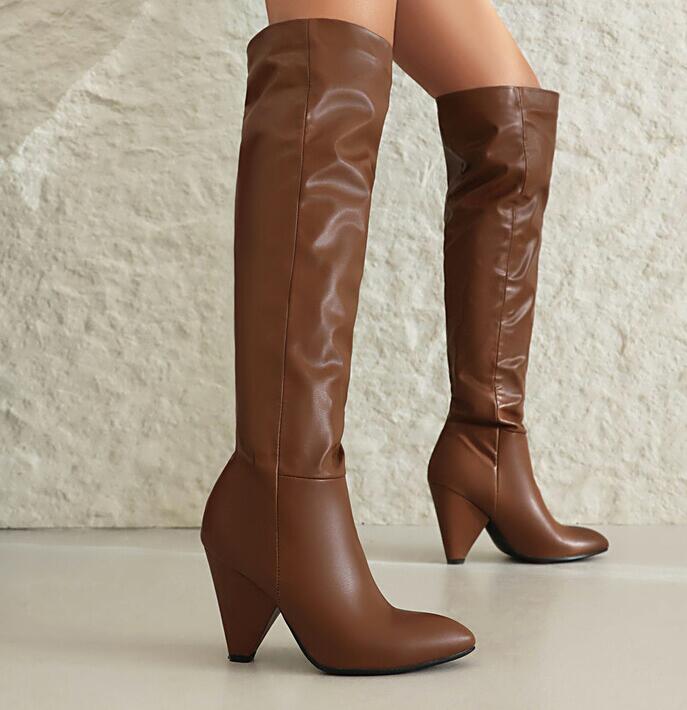 Mujeres Botas Altas a la Rodilla Cuero Pu Tacón Cono Zapatos de Bomba Tubo Largo Botas de Caballero - Imagen 13 de 13