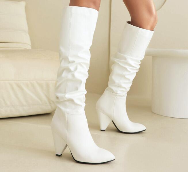 Mujeres Botas Altas a la Rodilla Cuero Pu Tacón Cono Zapatos de Bomba Tubo Largo Botas de Caballero - Imagen 11 de 13