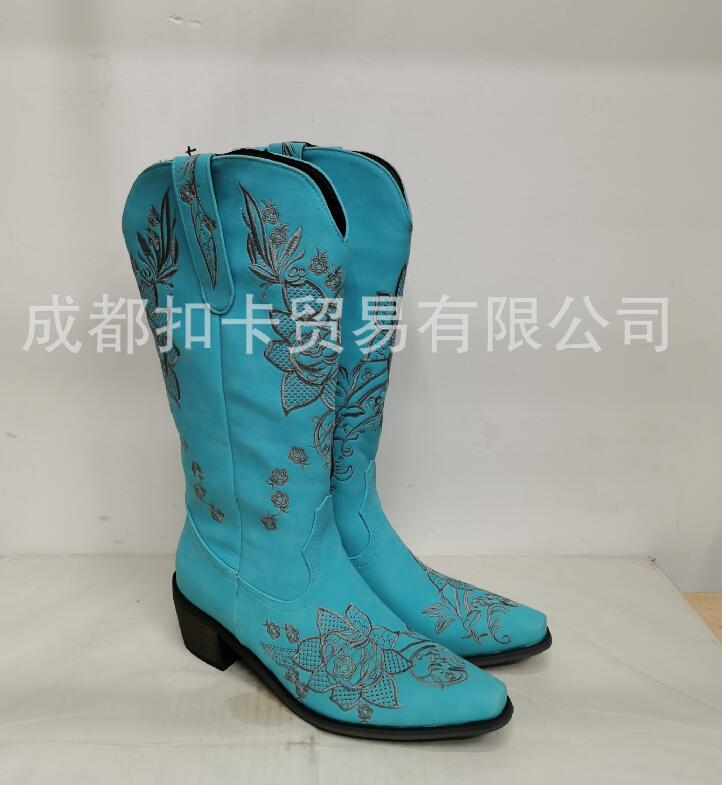 Embroidery Floral Women's Pull on Square Toe Calf Knee High Western Boots Cowboy - Picture 12 of 13