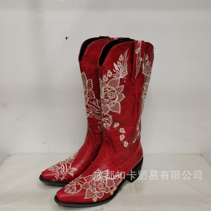 Embroidery Floral Women's Pull on Square Toe Calf Knee High Western Boots Cowboy - Picture 13 of 13