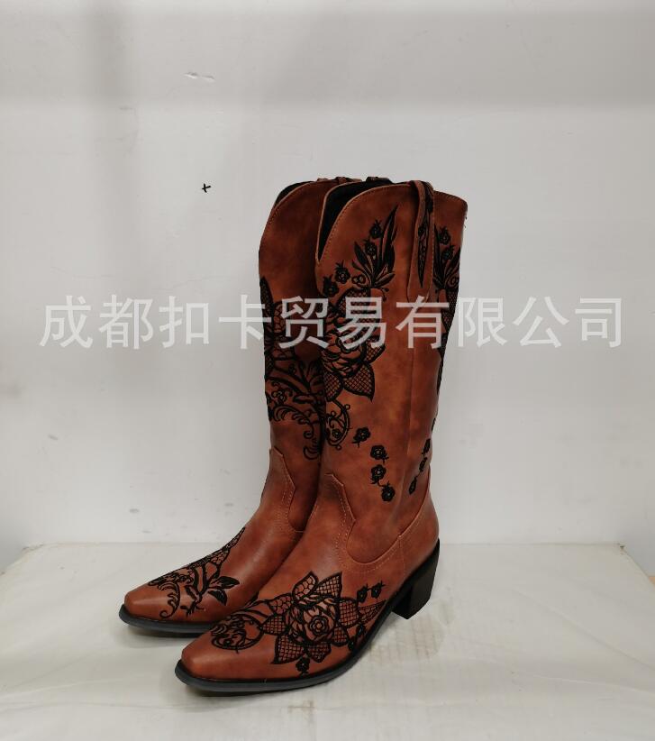 Embroidery Floral Women's Pull on Square Toe Calf Knee High Western Boots Cowboy - Picture 11 of 13