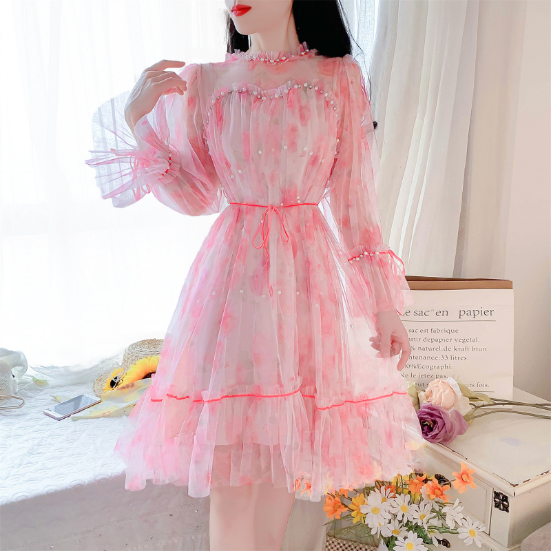 Spring/summer Flare Sleeves Slim Fit Dress Flower Print Sweet Lady Party Dress