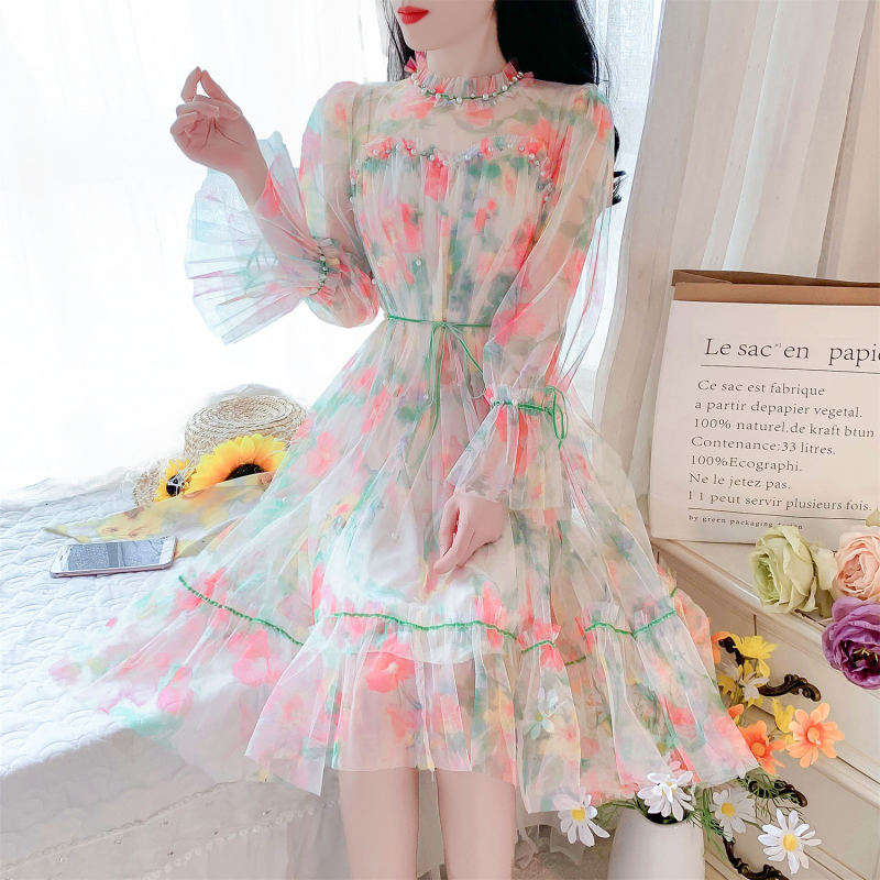 Spring/summer Flare Sleeves Slim Fit Dress Flower Print Sweet Lady Party Dress