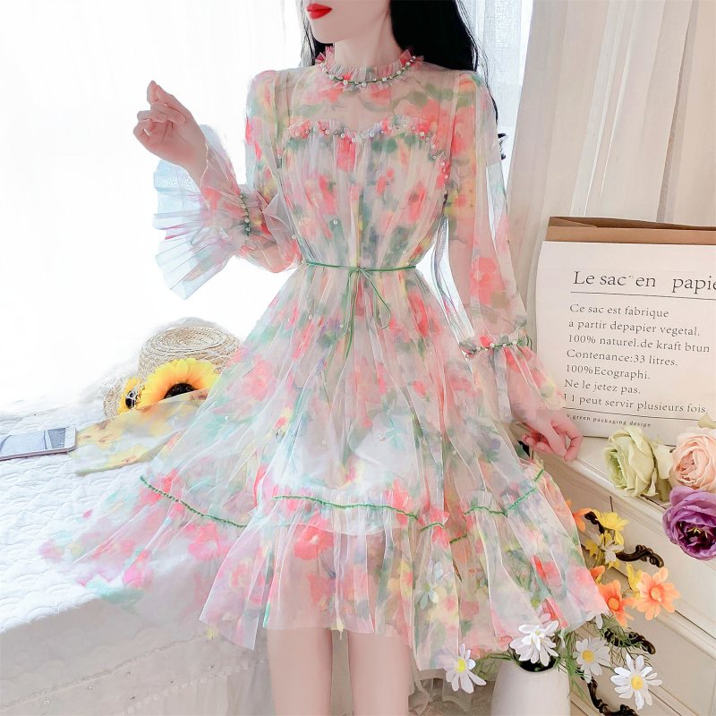 Spring/summer Flare Sleeves Slim Fit Dress Flower Print Sweet Lady Party Dress