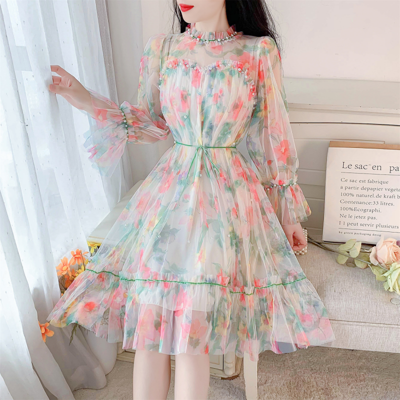 Spring/summer Flare Sleeves Slim Fit Dress Flower Print Sweet Lady Party Dress