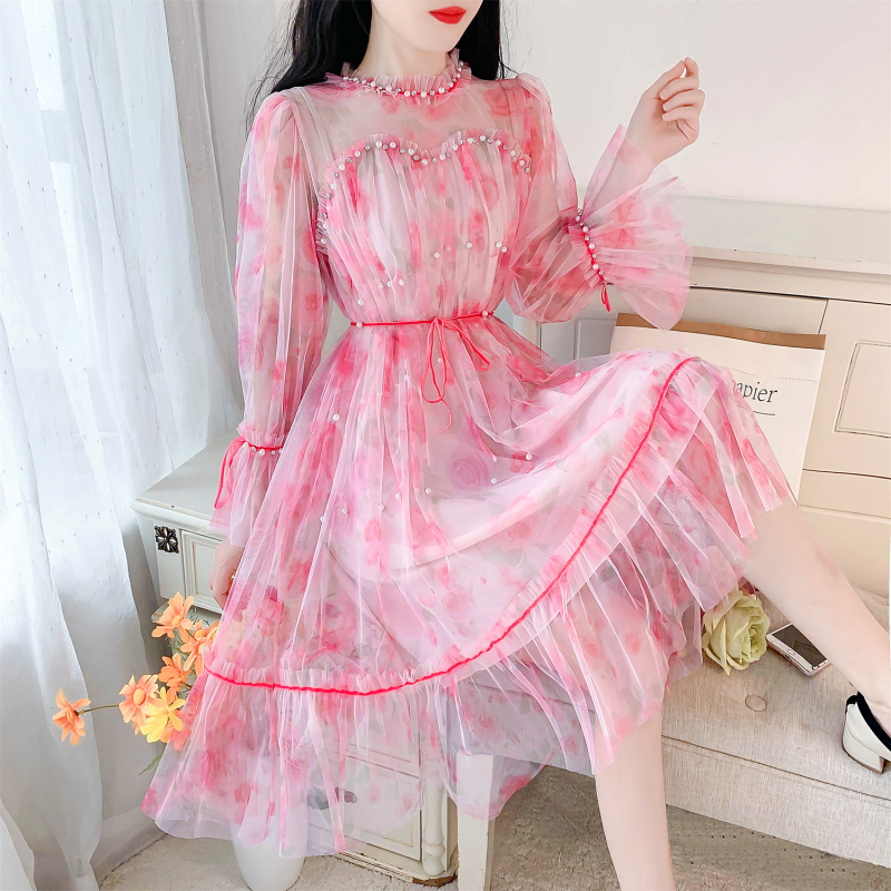 Spring/summer Flare Sleeves Slim Fit Dress Flower Print Sweet Lady Party Dress