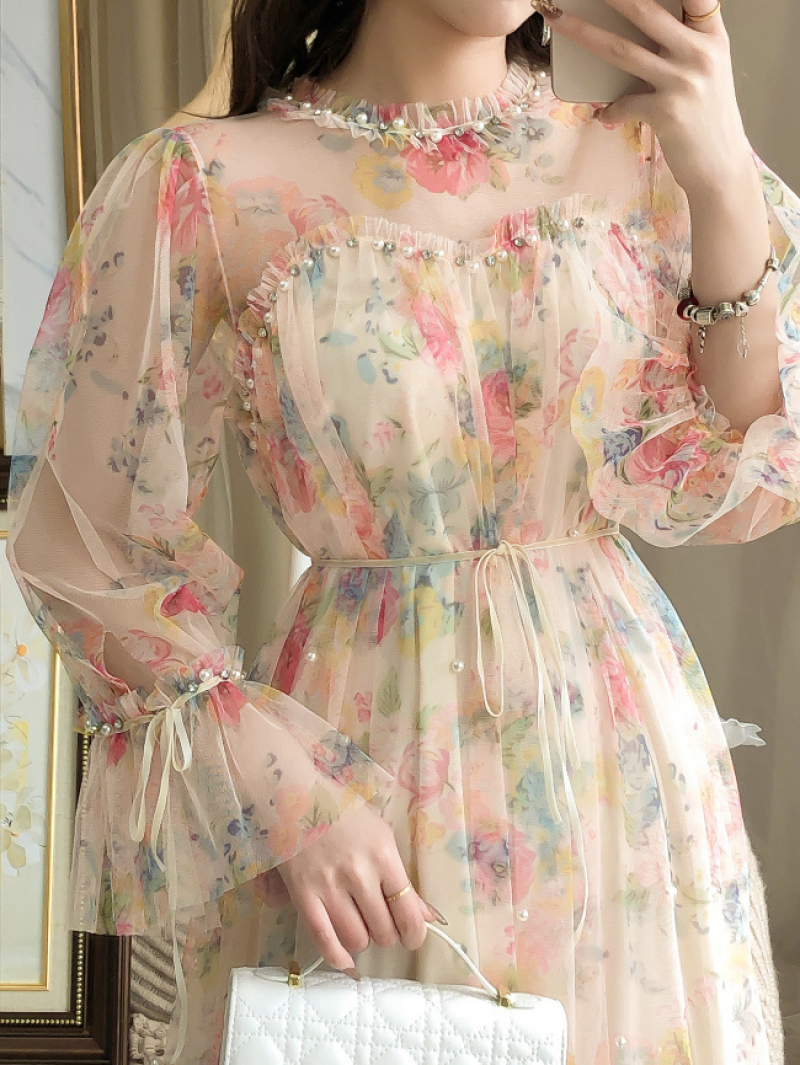 Spring/summer Flare Sleeves Slim Fit Dress Flower Print Sweet Lady Party Dress