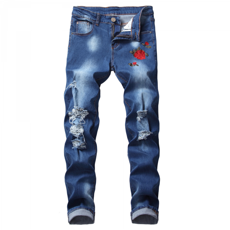 Pantalones elásticos ajustados con agujeros para excavar rosas bordados para hombre - Imagen 12 de 12