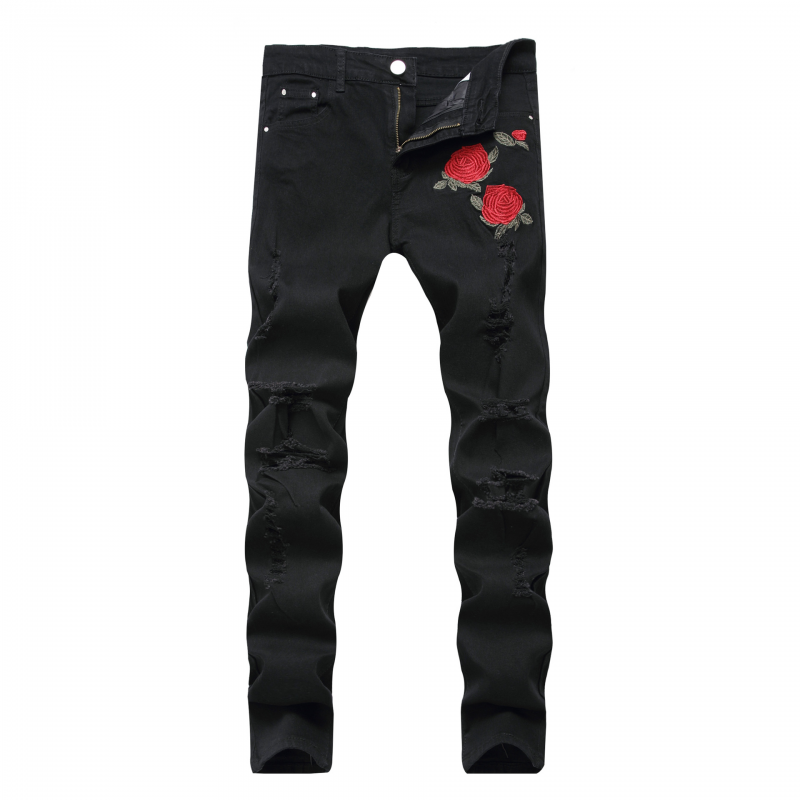 Pantalones elásticos ajustados con agujeros para excavar rosas bordados para hombre - Imagen 10 de 12