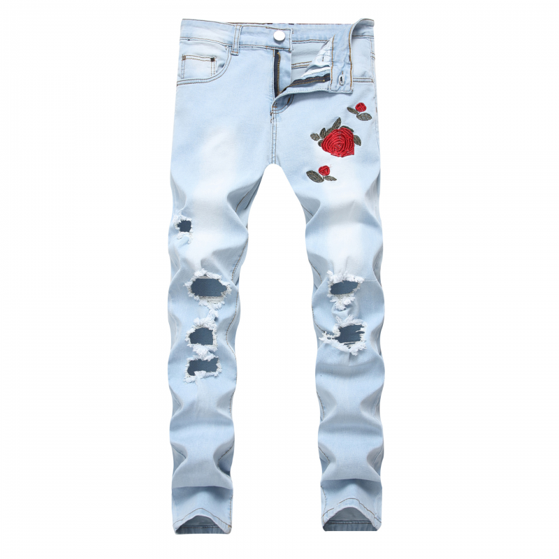 Pantalones elásticos ajustados con agujeros para excavar rosas bordados para hombre - Imagen 11 de 12