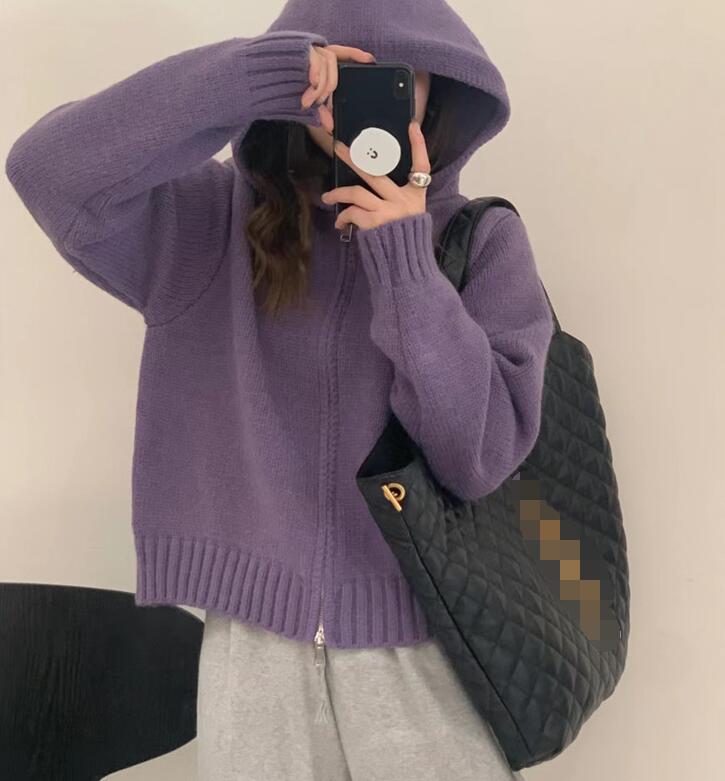 2024 Autumn Winter Hooded Double Zipper Sweater Jacket Women Knit Cardigan - Picture 13 of 16
