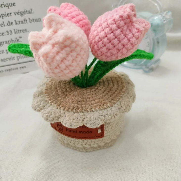 Handmade Crochet Desktop Potted Tulip Crochet Finished Product Handmade Crafts