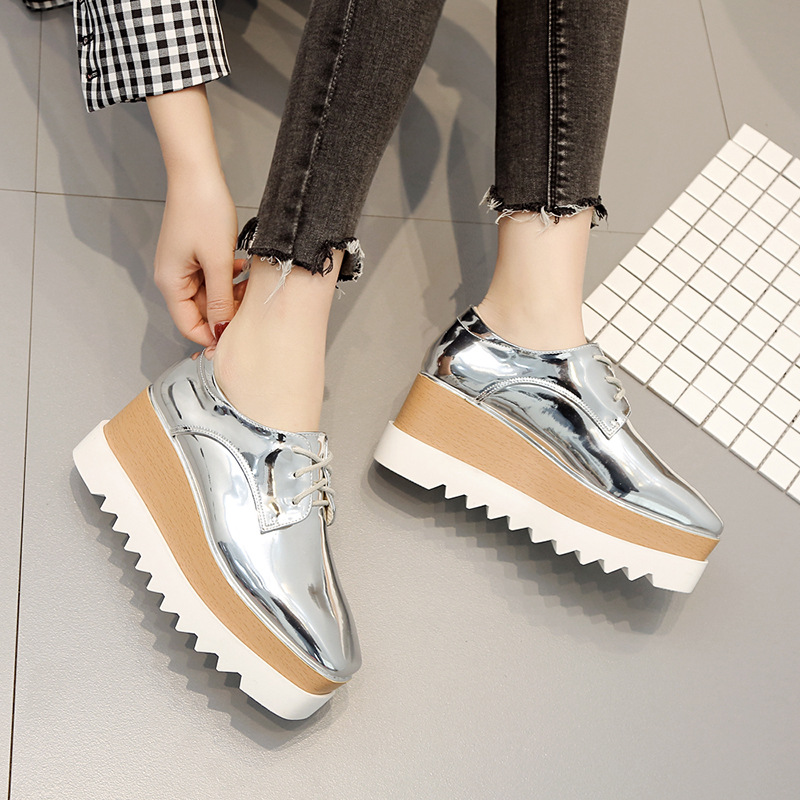 Hot Womens Casual Patent Leather Wedge Heels Punk Shoes Lace Up Elevator Shoes