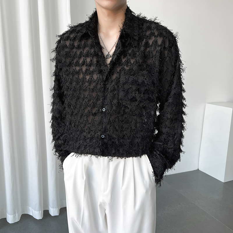 Men’s Fashion Lapel Long Sleeve Loose Feather Fringe Shirt Casual Party Blouses