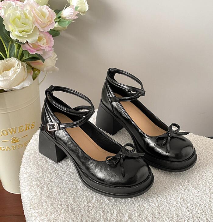 Girl Soft Leather Thick Platform Mary Jane Shoes Lolita Bow Buckle Block Heels