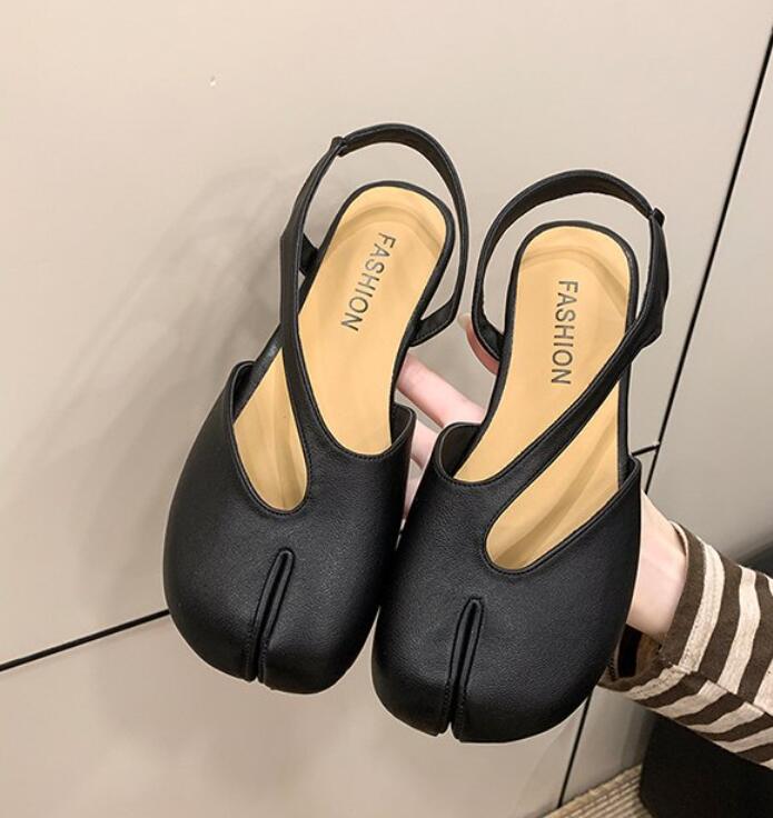 Women’s Leather Split Toe Slingback Flats T-Strap Cutout Backless Mule Sandals