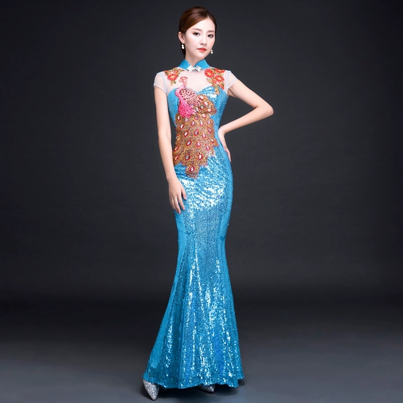 Womens Sequin Peacock Embroidery Gown Cheongsam Formal Stage Evening Qipao Dress