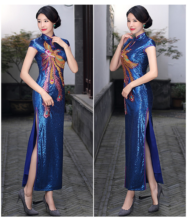 Women Sequined High Split Slim Stage Party Dress Phoenix Embroidered Cheongsam
