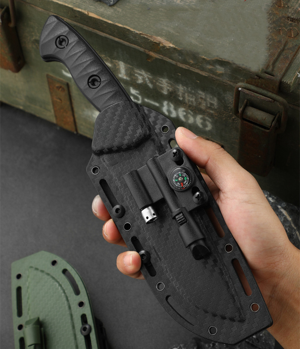 Fixed Blade Knife with Kydex Sheath, Fire Starter, Compass