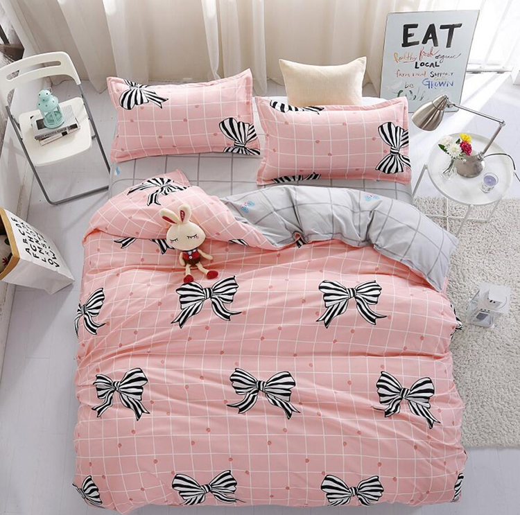 Bowknots Print Pink Checked Bedding Duvet Cover Sheet Pillow Case