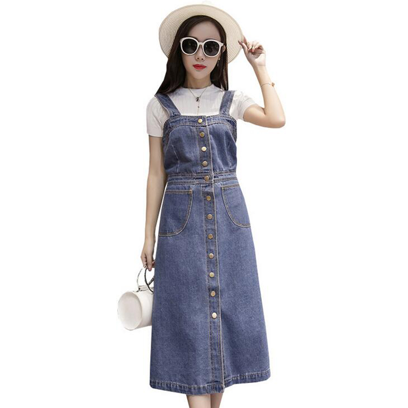 Womens Long Denim Dungaree Overall Dress Ladies Jean