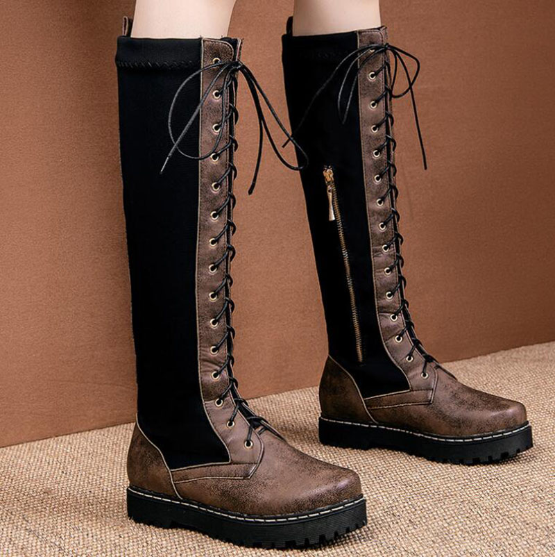 Womens Boots Knee Length Zipper Flat Solid Casual Soft Lace