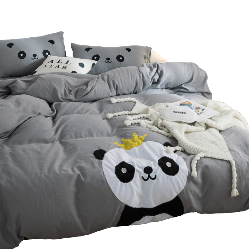 Panda Gray Cartoon Bedding Set Duvet Cover Bed Skirt Sets Four