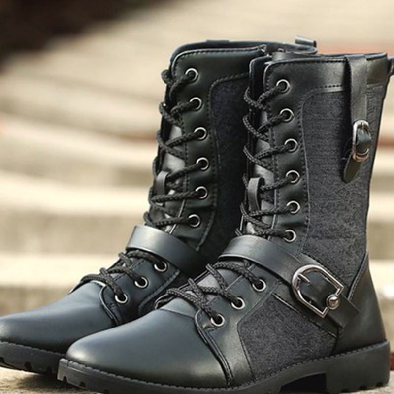 Chic Fall Men's Punk Military Buckle Lace Up Mid-calf Boots
