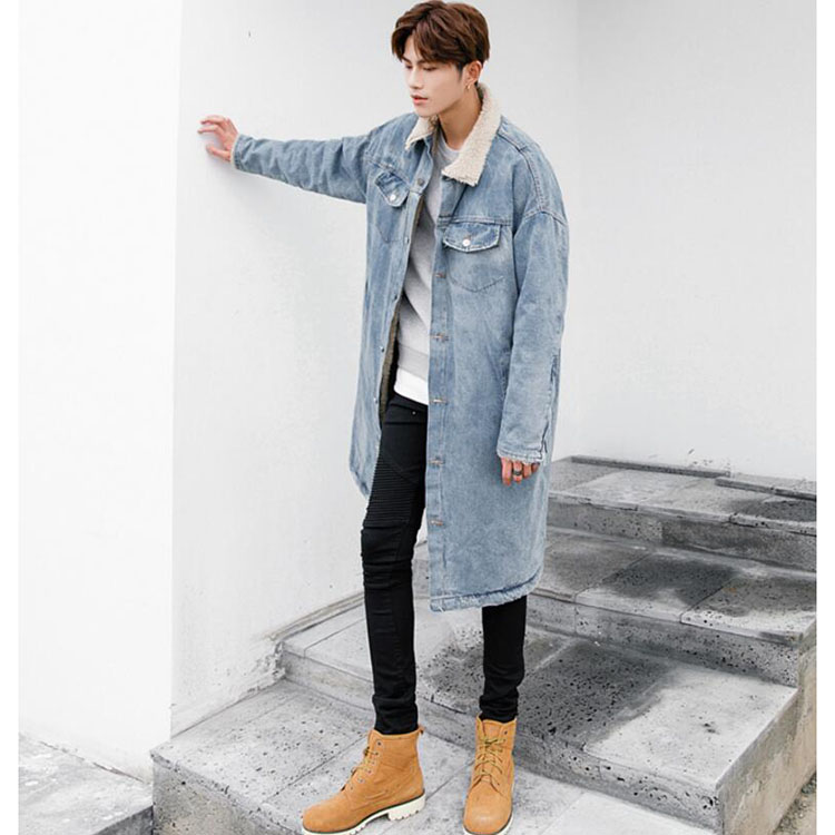 Men Winter Lapel Faux Lamb Lining Denim Long Trench Coat Casual